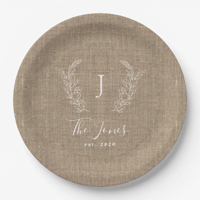 Family monogramed name personalised burlap rustic paper plate (Front)