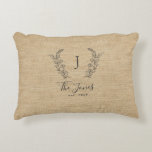 Family monogrammed name rustic farmhouse burlap decorative cushion<br><div class="desc">Custom monogram and name with family established year elegant chic country farmhouse style accent decorative pillow.         A modern keepsake gift for weddings,  anniversaries,  housewarmings,  Christmas,  or any other occasion.</div>
