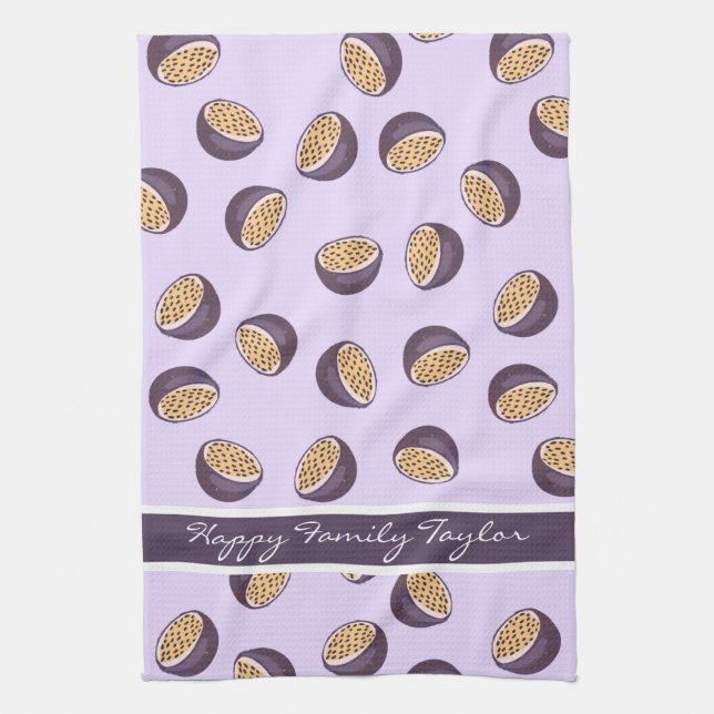 Family monogrammed passion fruits purple awesome tea towel (Vertical)