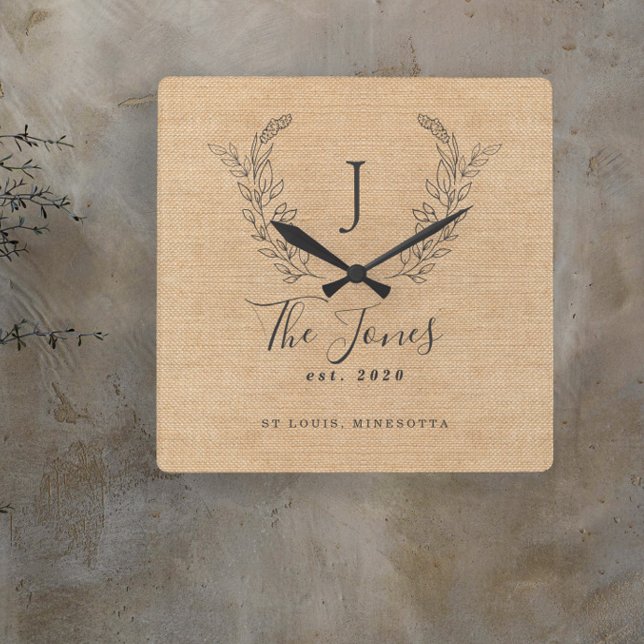 Family monogrammed rustic farmhouse elegant square wall clock (Creator Uploaded)
