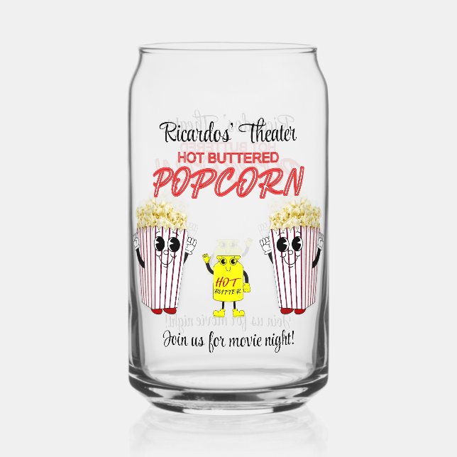 Family Movie Theatre Fun Popcorn Mascots  Can Glass (Front)
