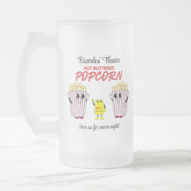 Family Movie Theatre Fun Popcorn Mascots  Frosted Glass Beer Mug (Left)