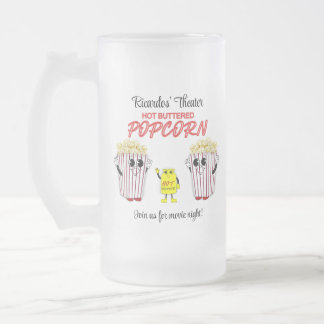Family Movie Theatre Fun Popcorn Mascots Frosted Glass Beer Mug