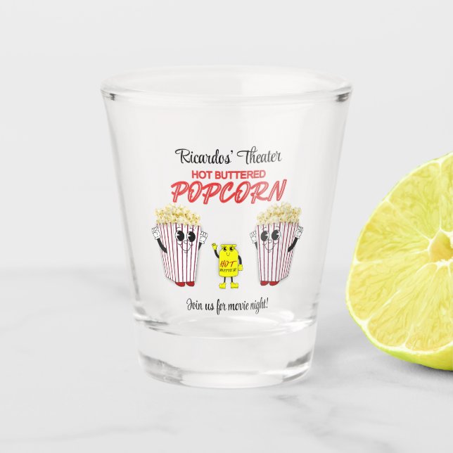 Family Movie Theatre Fun Popcorn Mascots Shot Glass (Front)