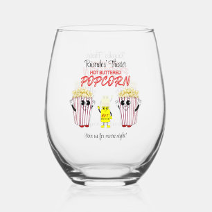 Family Movie Theatre Fun Popcorn Mascots Stemless Wine Glass