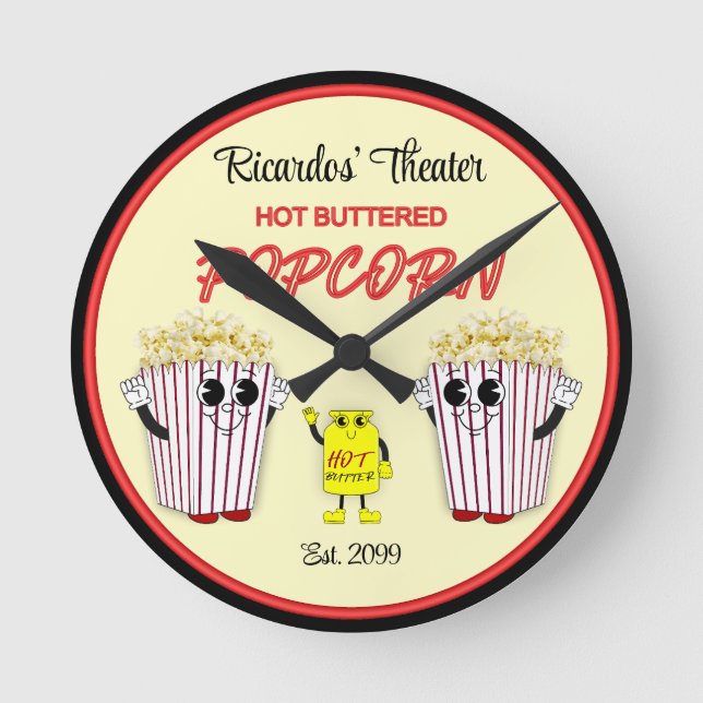 Family Movie Theatre with Hot Buttered Popcorn  Round Clock (Front)