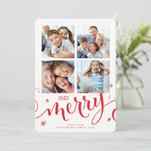 FAMILY MULTI 4 PHOTO modern calligraphy merry red Announcement