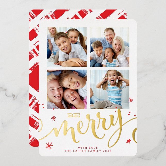 FAMILY MULTI 4 PHOTO modern calligraphy merry red  Foil Holiday Card (Front/Back)