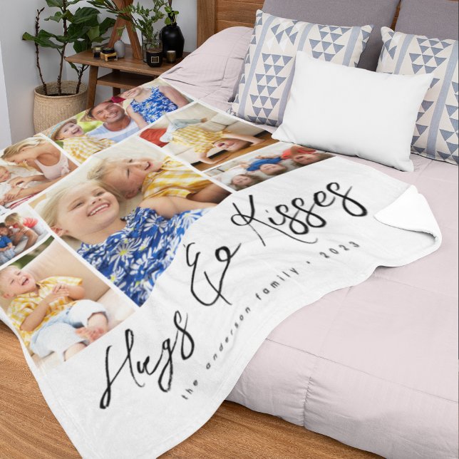 Family Multi Photo Collage Hugs & Kisses Fleece Blanket (Creator Uploaded)