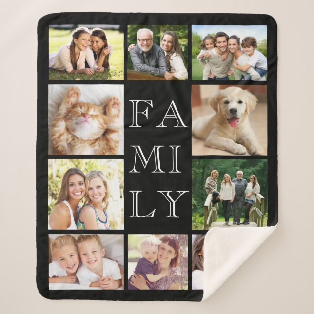 Family Multi-Photo Collage Personalised Black Sherpa Blanket (Front)