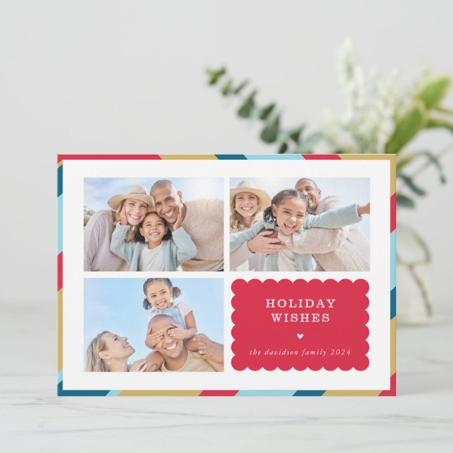 FAMILY MULTI PHOTO modern cute geometric border Holiday Card (Standing Front)