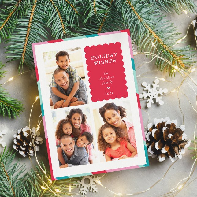 FAMILY MULTI PHOTO modern minimal border red pink Holiday Card (Creator Uploaded)
