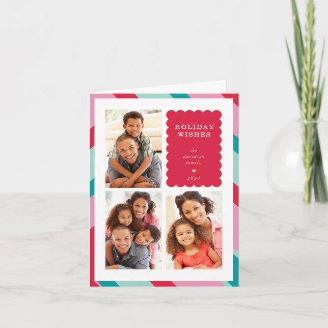 FAMILY MULTI PHOTO modern minimal border red pink Holiday Card (Front)