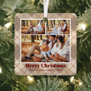 Family Multi Photo Neutral Brown Plaid Christmas Metal Tree Decoration