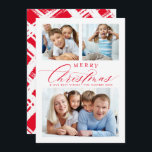 FAMILY MULTI PHOTO traditional merry christmas red Holiday Card<br><div class="desc">by kat massard >>> WWW.SIMPLYSWEETPAPERIE.COM <<<
A super fun card design featuring the quote "MERRY CHRISTMAS" with combined elegant script type with serif typography,  and cross hatch pattern on the backside. With spaces for 3 of your favourite photos!</div>