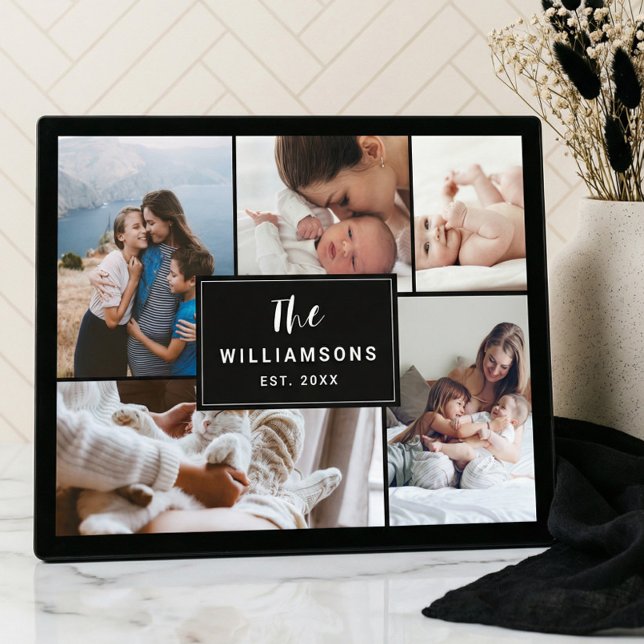 Family Multiple Photo Collage Established Black Plaque (Modern Minimal Family Photo Collage Keepsake Plaqu Plaque)