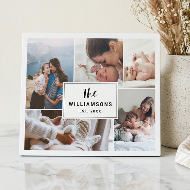 Family Multiple Photo Collage Established White Plaque (Modern Minimal Family Photo Collage Keepsake Plaque)