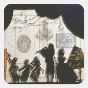 Family Musical Scene, silhouette (black paint on g Square Sticker