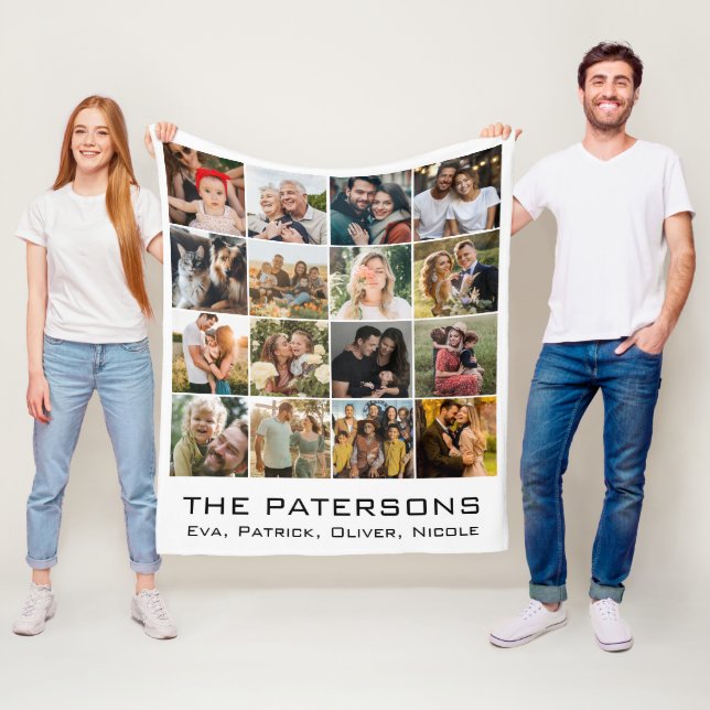 Family Name 16 Photo Collage Modern Elegant Black Fleece Blanket (In Situ)