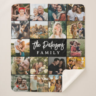 Family Name 18 Photo Collage Modern Elegant Black Sherpa Blanket