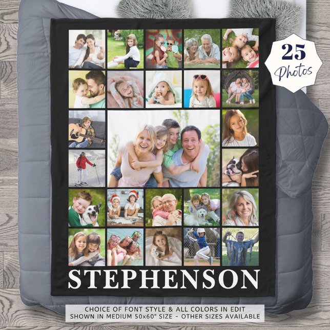 Family Name 25 Photo Collage Black Fleece Blanket (Creator Uploaded)