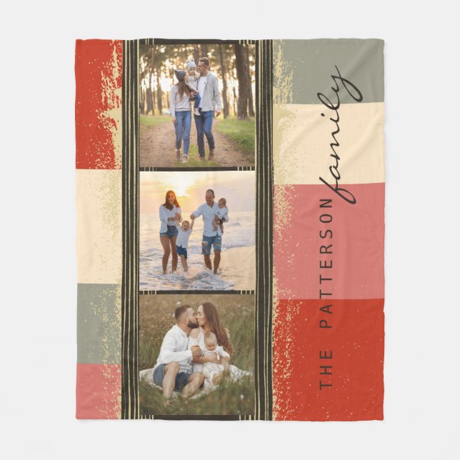 Family Name 3 Photo Collage Rustic Abstract Fleece Blanket (Front)