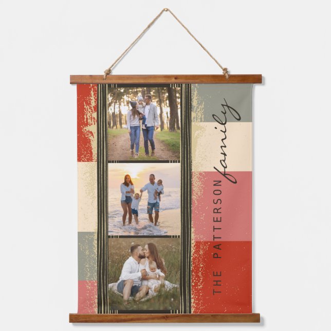 Family Name 3 Photo Collage Rustic Abstract Hanging Tapestry (Front)