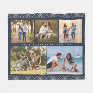 Family Name 5 Photo Collage Blue Plaid Modern Fleece Blanket
