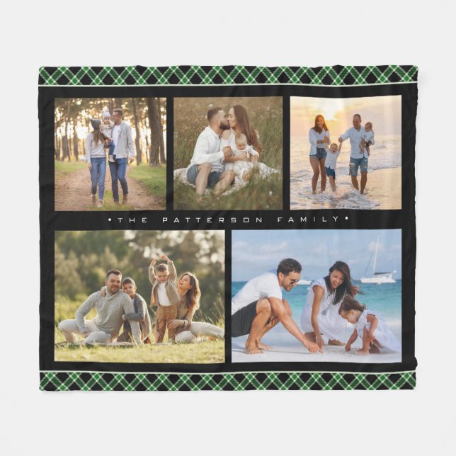 Family Name 5 Photo Collage Green Plaid Modern Fleece Blanket (Front (Horizontal))