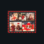 Family Name 5 Photo Collage Red Plaid Modern Canvas Print<br><div class="desc">Family Name 5 Photo Collage Red Plaid Modern Canvas Print features a photo collage of five of your favourite photos with your personalised family name in elegant white script on a red plaid background. Personalise by editing the text in the text boxes provided. Perfect gift for birthday, Christmas, Mother's Day,...</div>