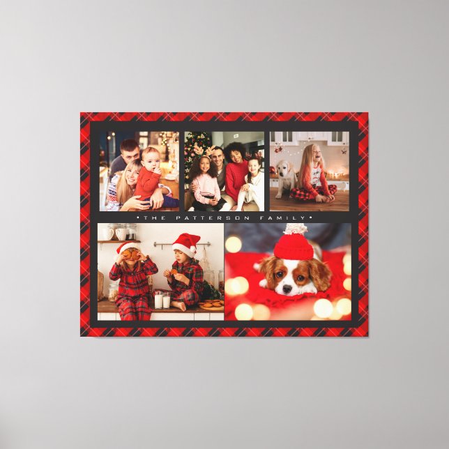 Family Name 5 Photo Collage Red Plaid Modern Canvas Print (Front)