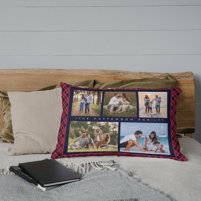 Family Name 5 Photo Collage Red Plaid Modern Decorative Cushion (Creator Uploaded)
