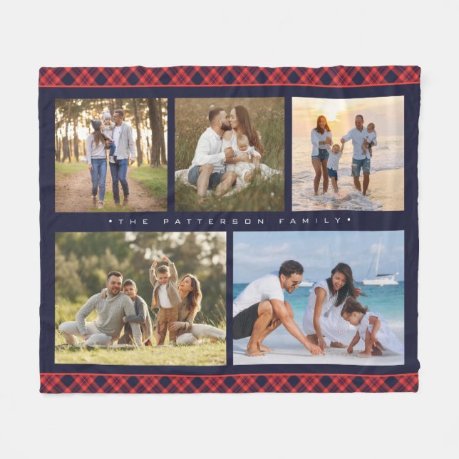 Family Name 5 Photo Collage Red Plaid Modern Fleece Blanket (Front (Horizontal))