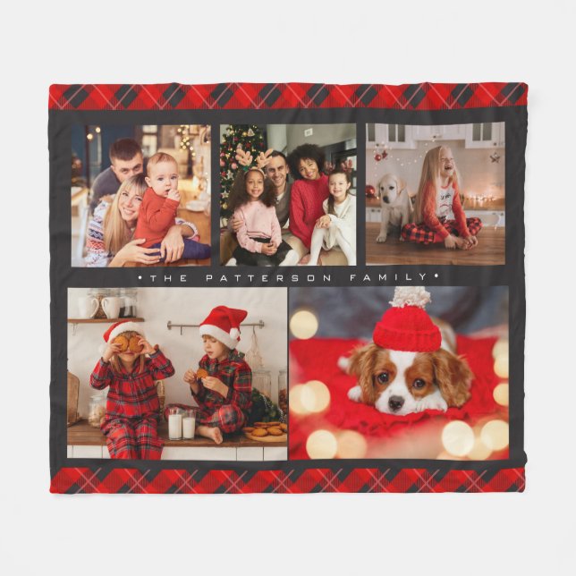 Family Name 5 Photo Collage Red Plaid Modern Fleece Blanket (Front (Horizontal))