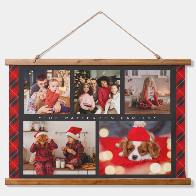 Family Name 5 Photo Collage Red Plaid Modern Hanging Tapestry (Front)