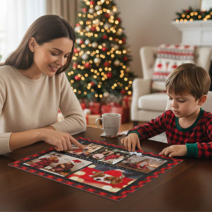 Family Name 5 Photo Collage Red Plaid Modern Jigsaw Puzzle
