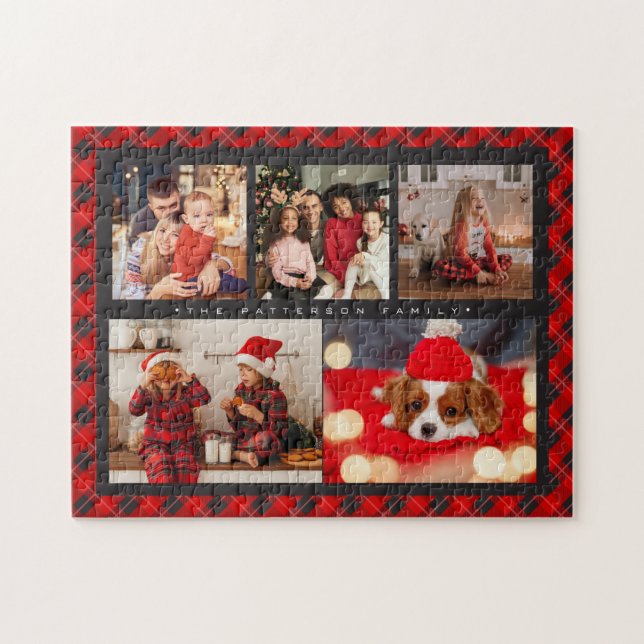 Family Name 5 Photo Collage Red Plaid Modern Jigsaw Puzzle (Horizontal)