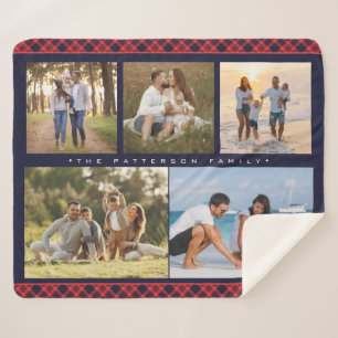 Family Name 5 Photo Collage Red Plaid Modern Sherpa Blanket