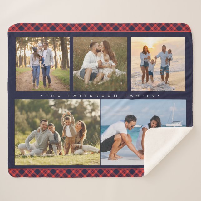 Family Name 5 Photo Collage Red Plaid Modern Sherpa Blanket (Front (Horizontal))