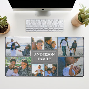 Family Name 8 Photo Collage Grey Desk Mat