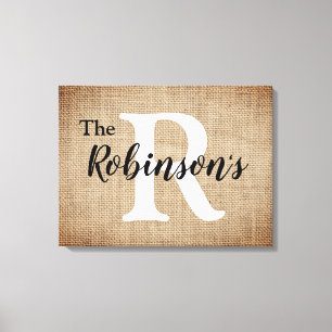 Family Name And Initial Rustic Burlap Image Canvas Print