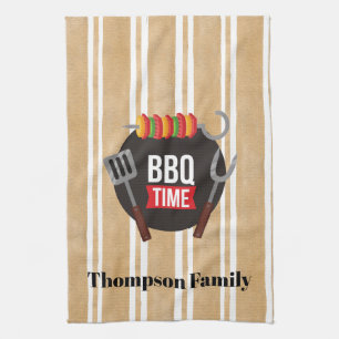 Family name BBQ time Modern illustration stripes Tea Towel