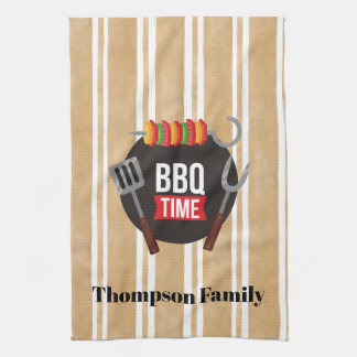 Family name BBQ time Modern illustration stripes Tea Towel