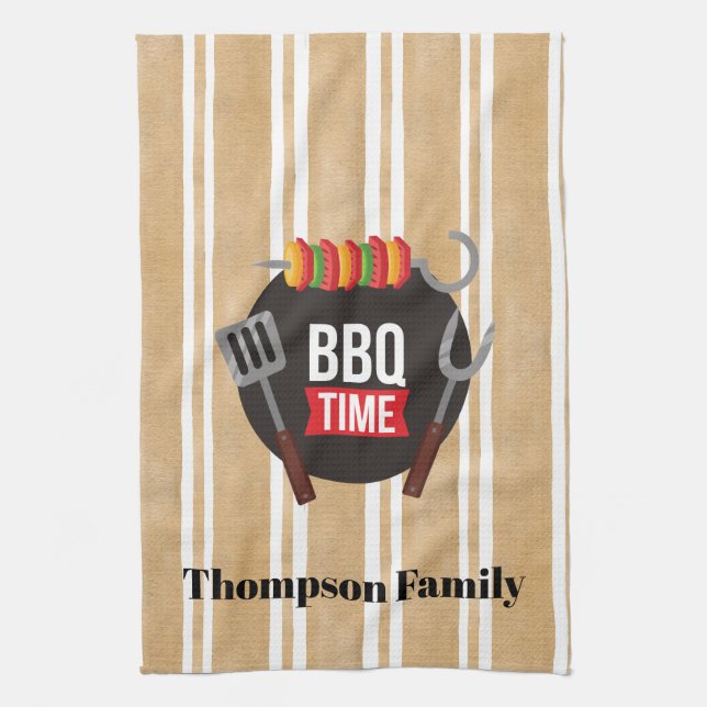 Family name BBQ time Modern illustration stripes Tea Towel (Vertical)