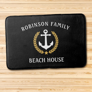 Family Name Beach House Anchor Gold Laurel Black Bath Mat
