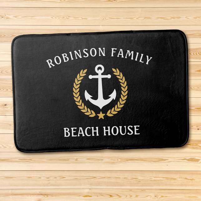Family Name Beach House Anchor Gold Laurel Black Bath Mat (Several sizes to choose from.)