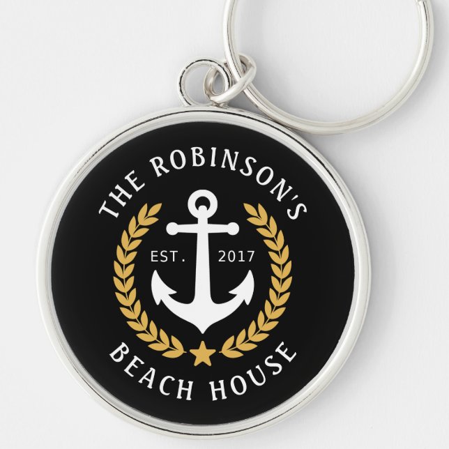 Family Name Beach House Anchor Gold Laurel Metal Key Ring (Front)