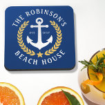 Family Name Beach House Anchor Gold Laurel Navy Coaster<br><div class="desc">A stylish nautical themed set of cork back beverage coasters with your personalised family name and beach house, lake house, or other desired text and established date. Features a custom designed boat anchor with gold style laurel leaves and a star on classic navy blue or easily customise the base colour...</div>