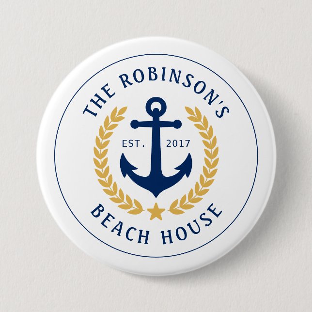Family Name Beach House Anchor Gold Laurel Star 7.5 Cm Round Badge (Front)
