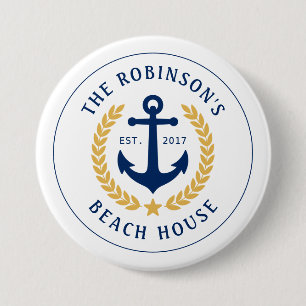 Family Name Beach House Anchor Gold Laurel Star 7.5 Cm Round Badge